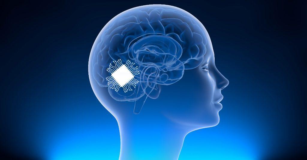 人類大腦側視透視圖,高亮顯示腦部神經區域的定位白點,用於解釋腦機介面如何直接讀取與傳導感官訊號的神經科技概念。